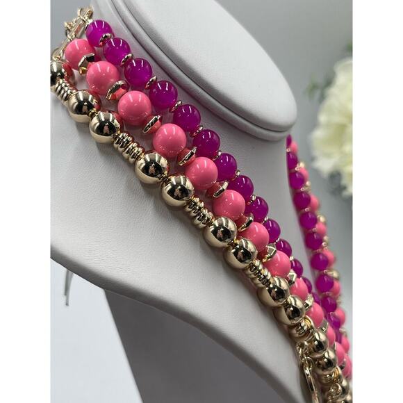 Lilly Pulitzer Triple Strand PINK Beaded GOLD HEART CHARM Love Necklace New - Picture 9 of 13
